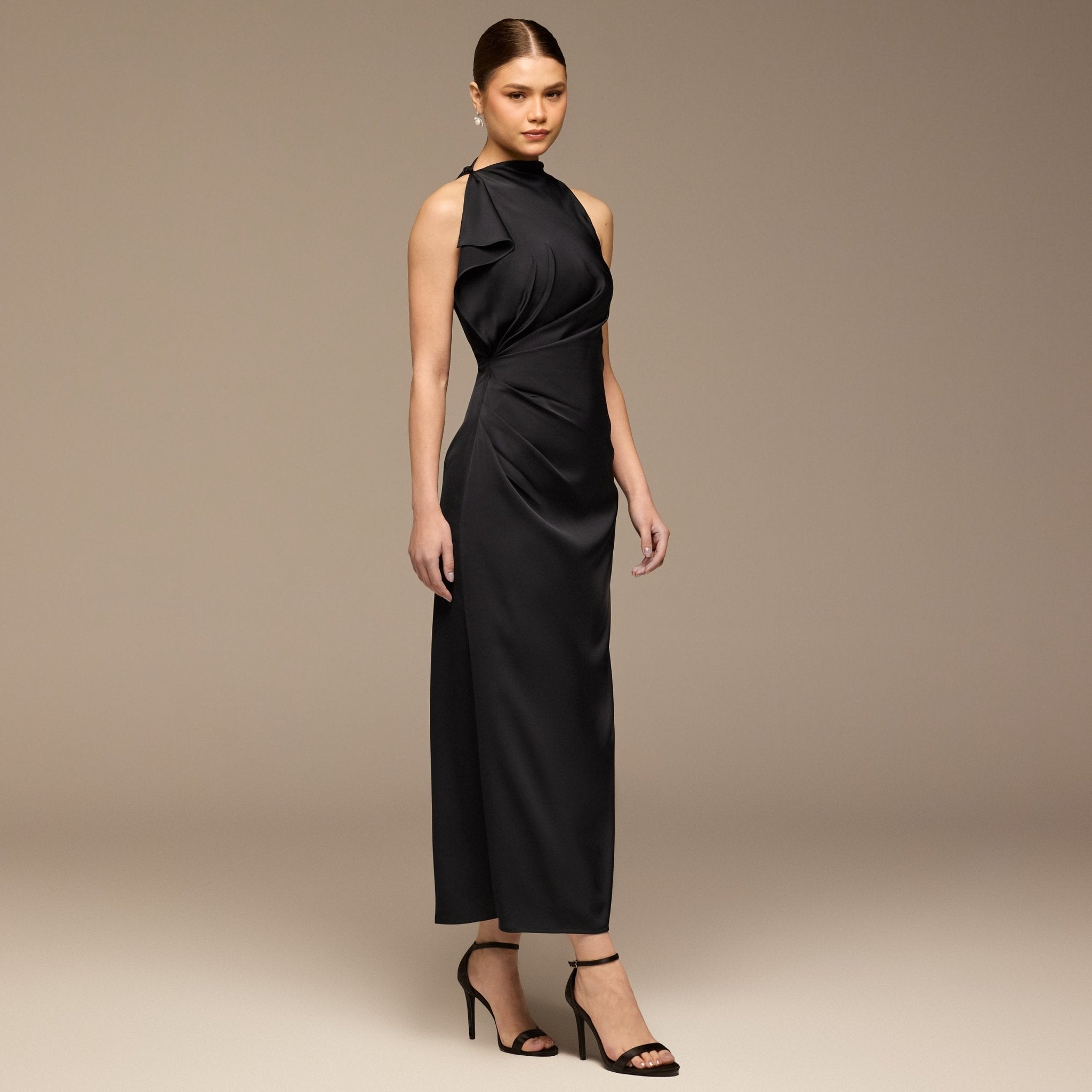 Navy Crepe Satin Draped Maxi Dress - shopaleena