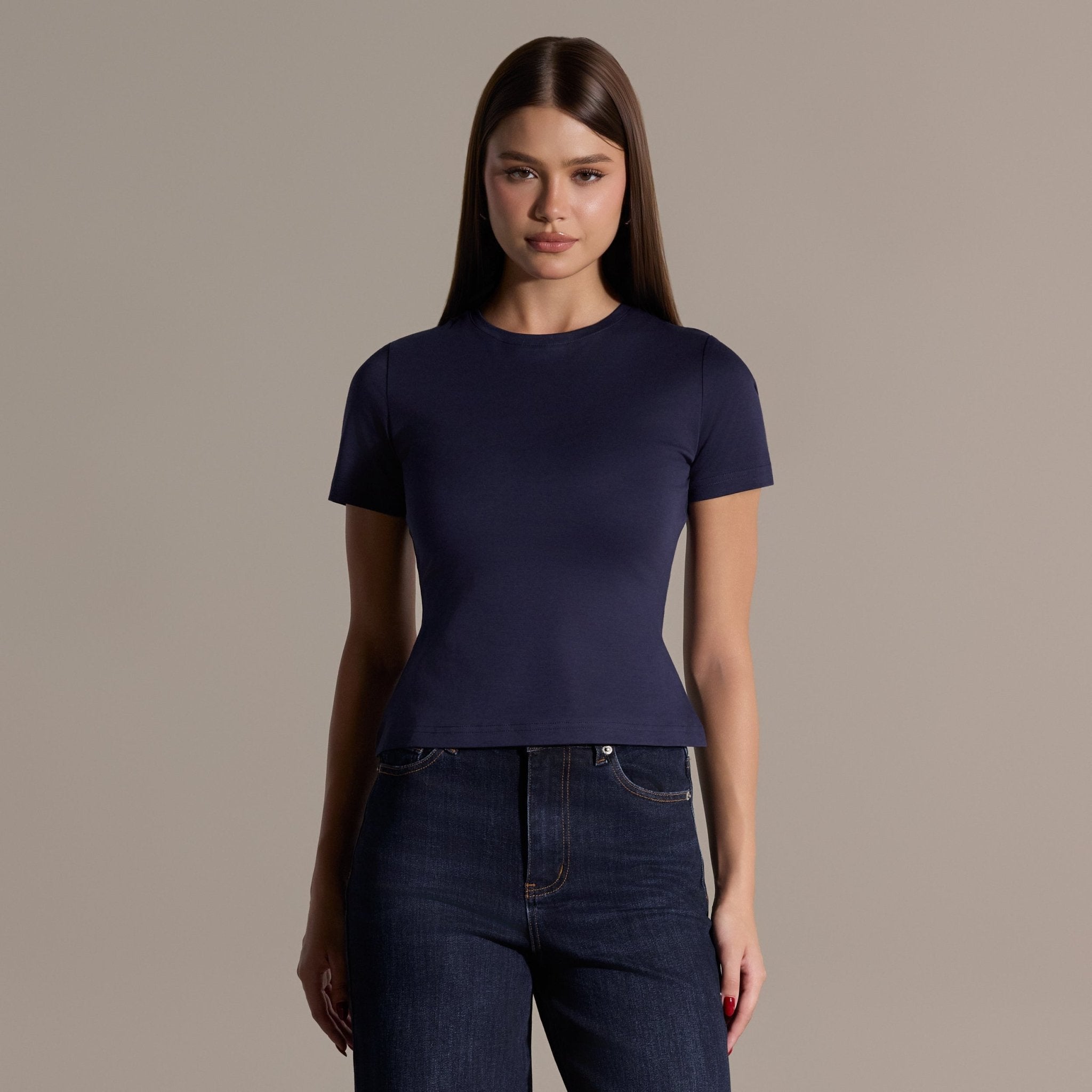 Navy Crew Neck Fitted T-Shirt - shopaleena