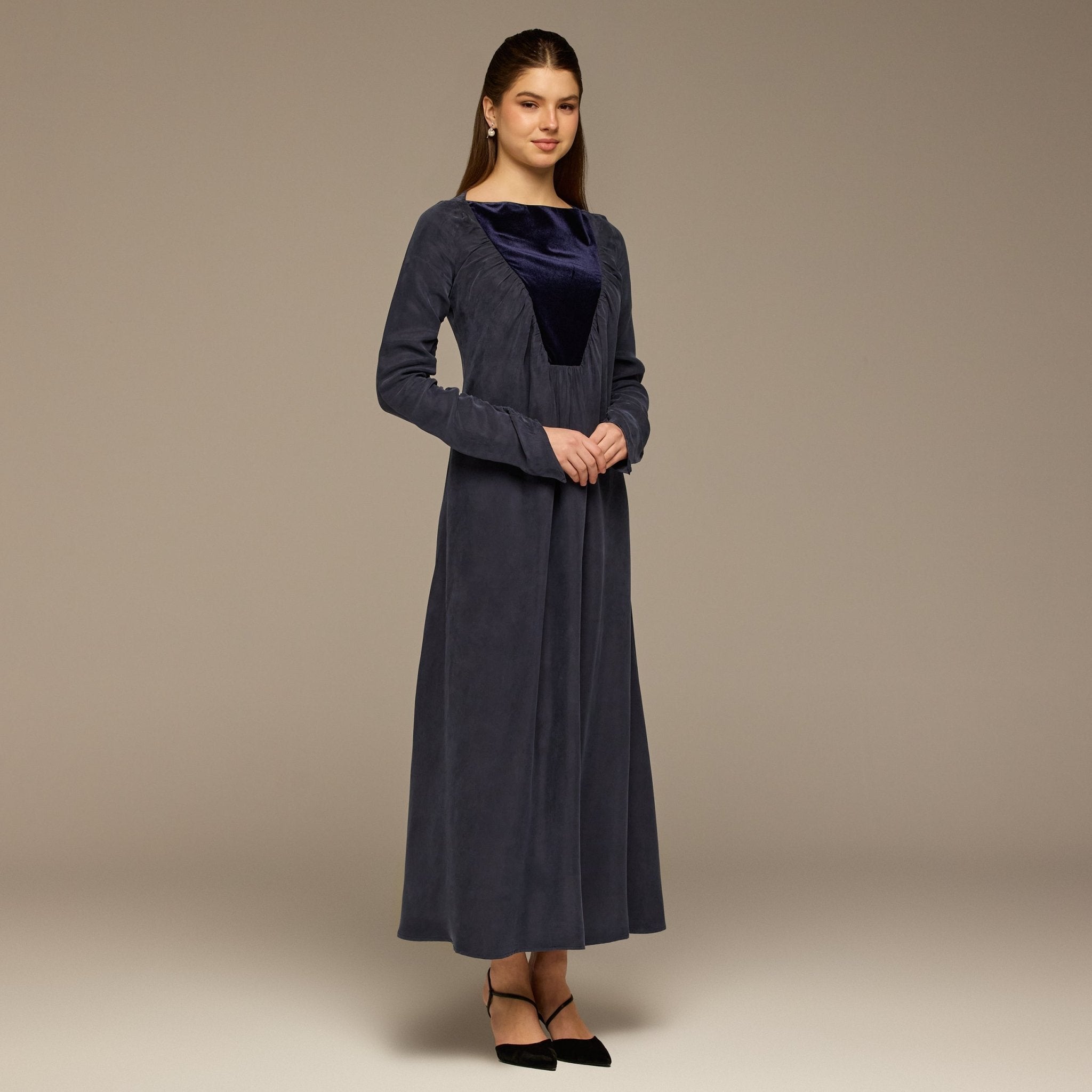 Navy Cupro Dress with Velvet Panel Detail - shopaleena