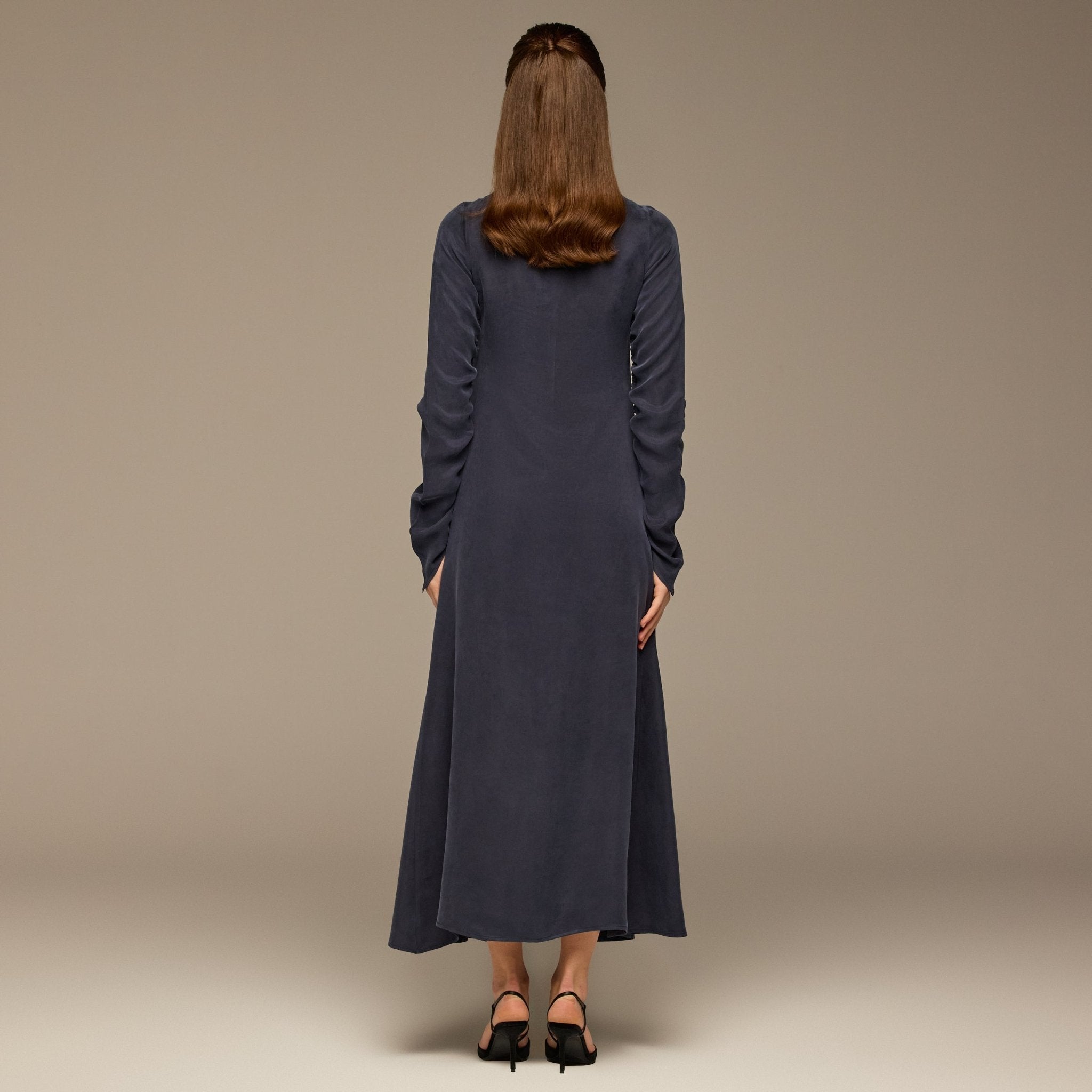 Navy Cupro Dress with Velvet Panel Detail - shopaleena