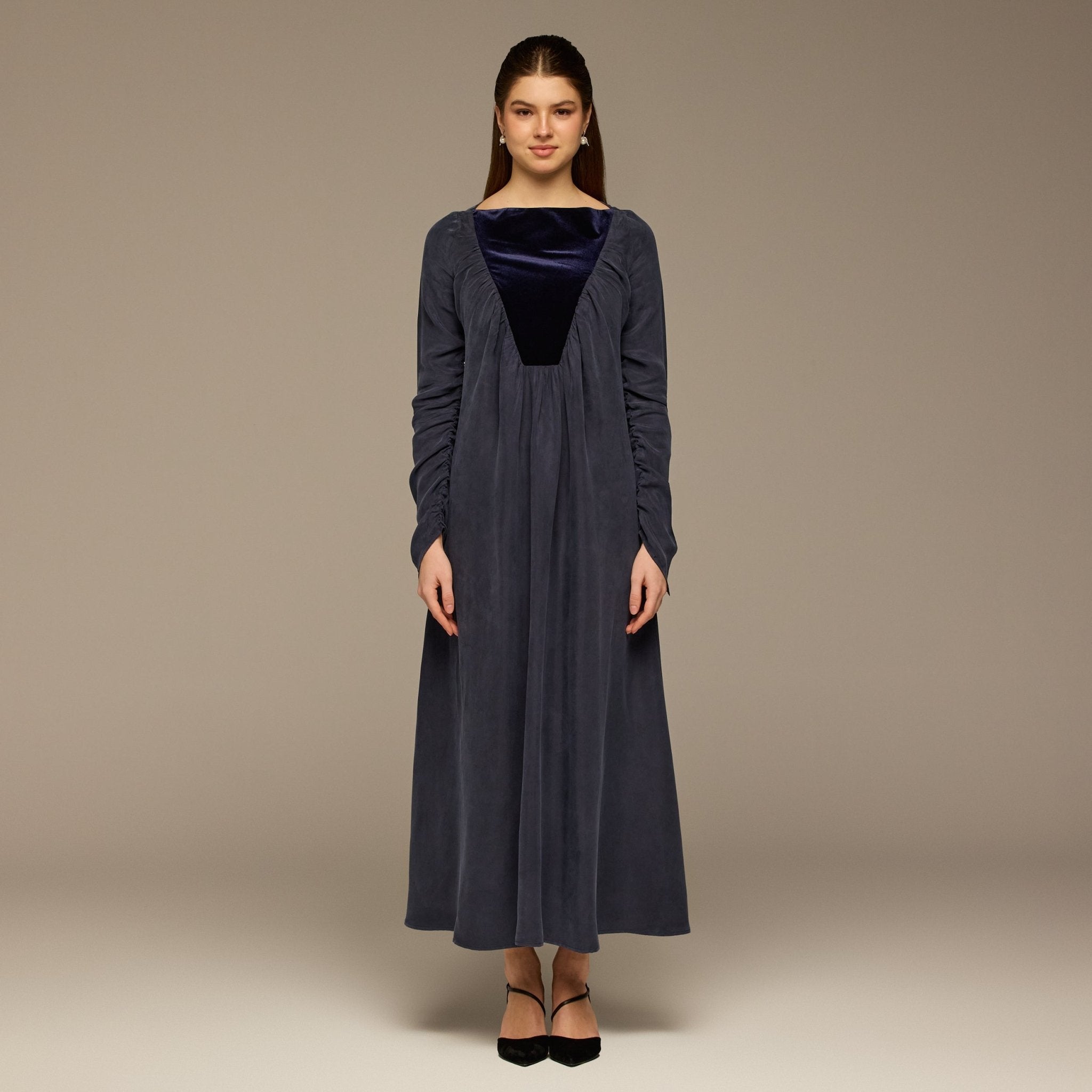Navy Cupro Dress with Velvet Panel Detail - shopaleena