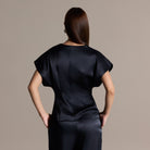 Navy Draped Satin Blouse & Wide Leg Pants Set - shopaleena