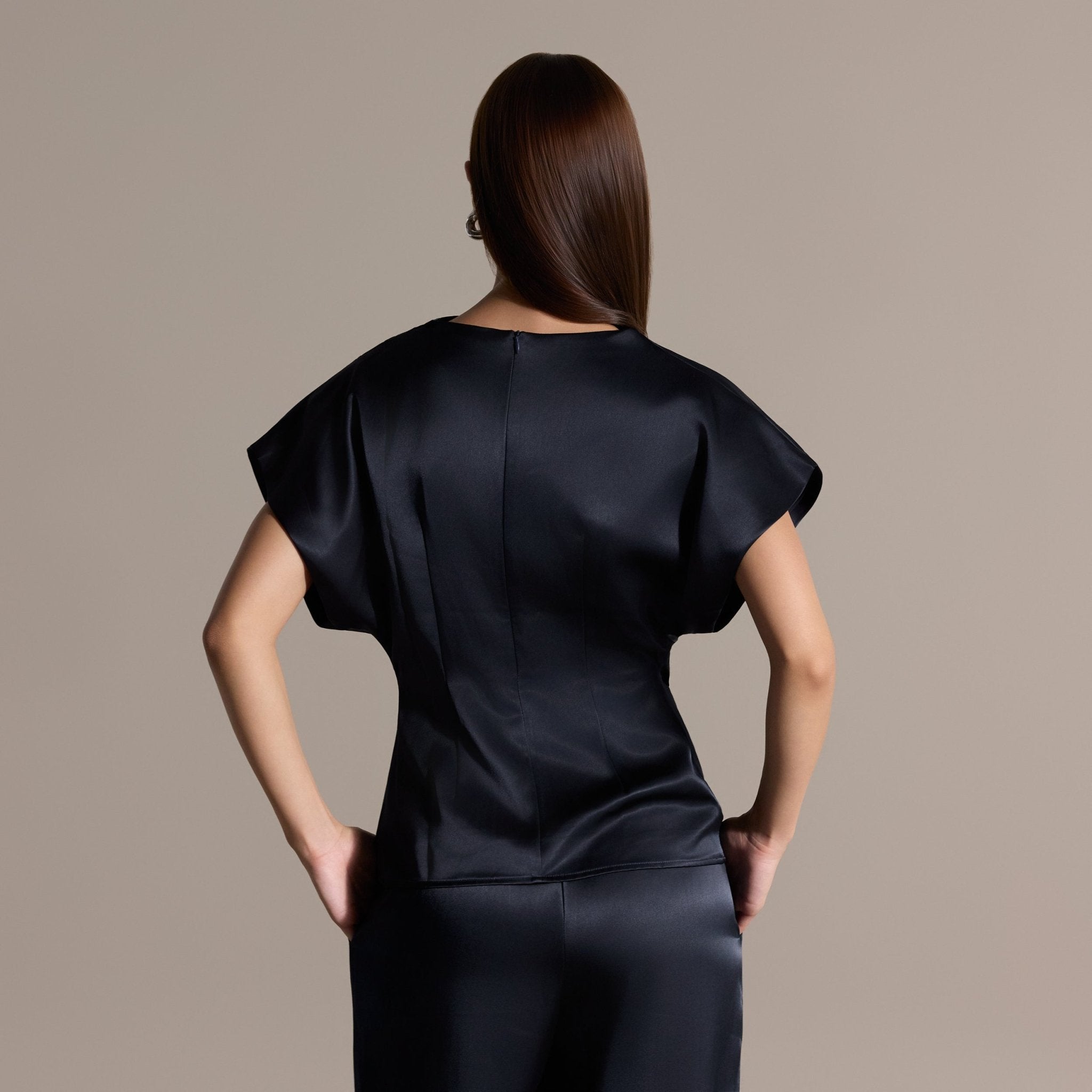 Navy Draped Satin Blouse & Wide Leg Pants Set - shopaleena