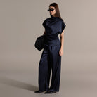 Navy Draped Satin Blouse & Wide Leg Pants Set - shopaleena