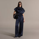 Navy Draped Satin Blouse & Wide Leg Pants Set - shopaleena
