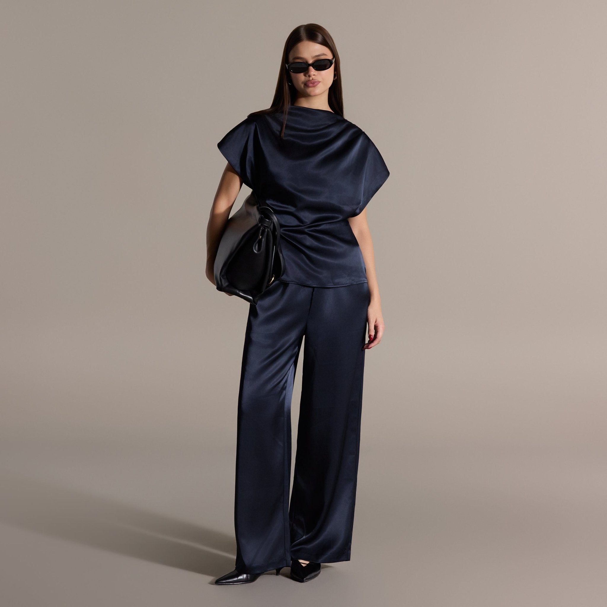 Navy Draped Satin Blouse & Wide Leg Pants Set - shopaleena