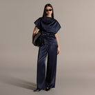 Navy Draped Satin Blouse & Wide Leg Pants Set - shopaleena