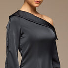 Navy Fold Neck Satin Dress - shopaleena