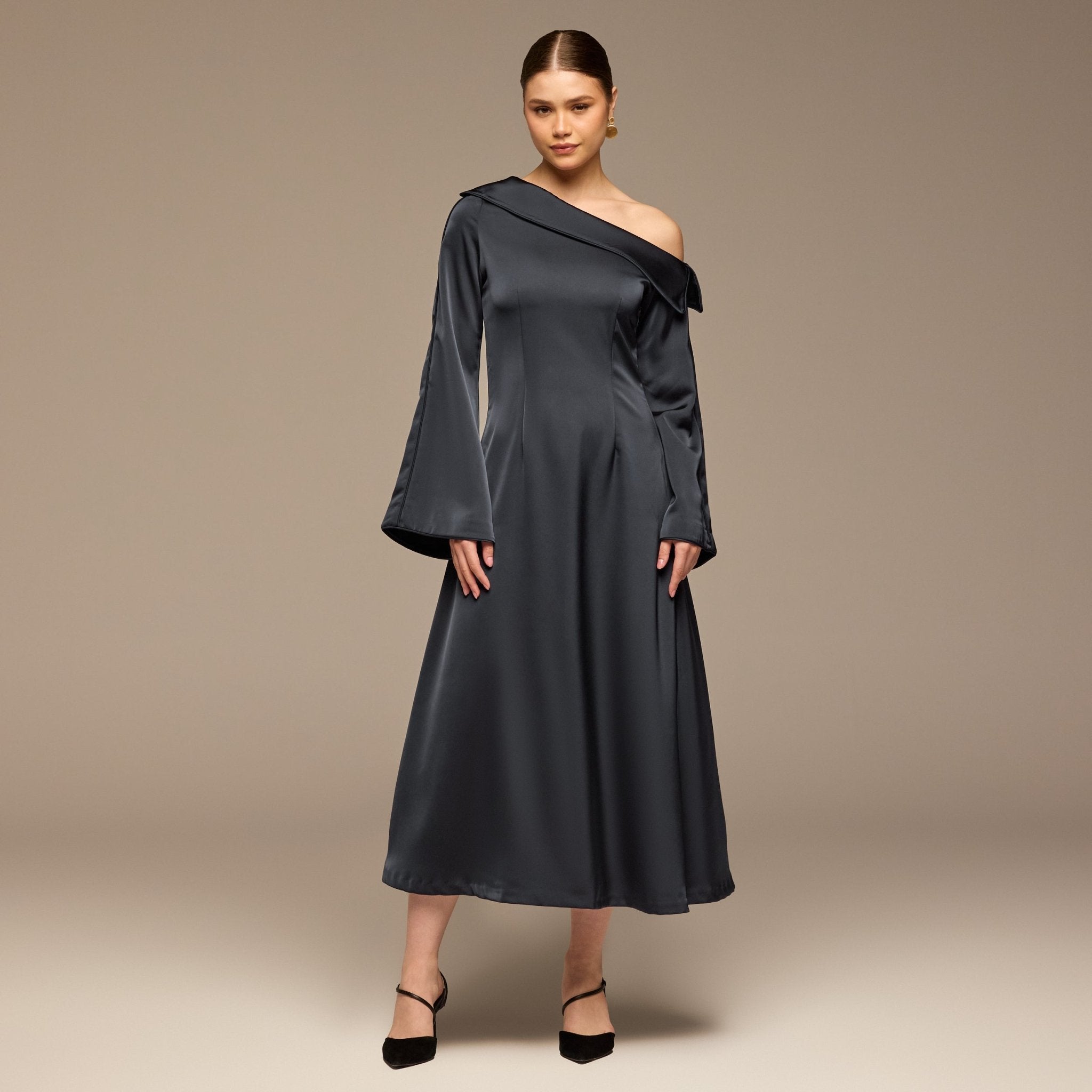 Navy Fold Neck Satin Dress - shopaleena