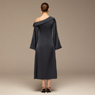 Navy Fold Neck Satin Dress - shopaleena