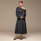 Navy Fold Neck Satin Dress - shopaleena