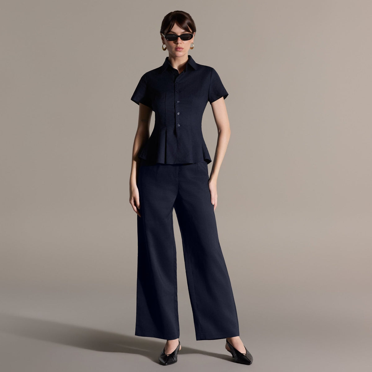 Navy Linen Peplum Shirt - shopaleena