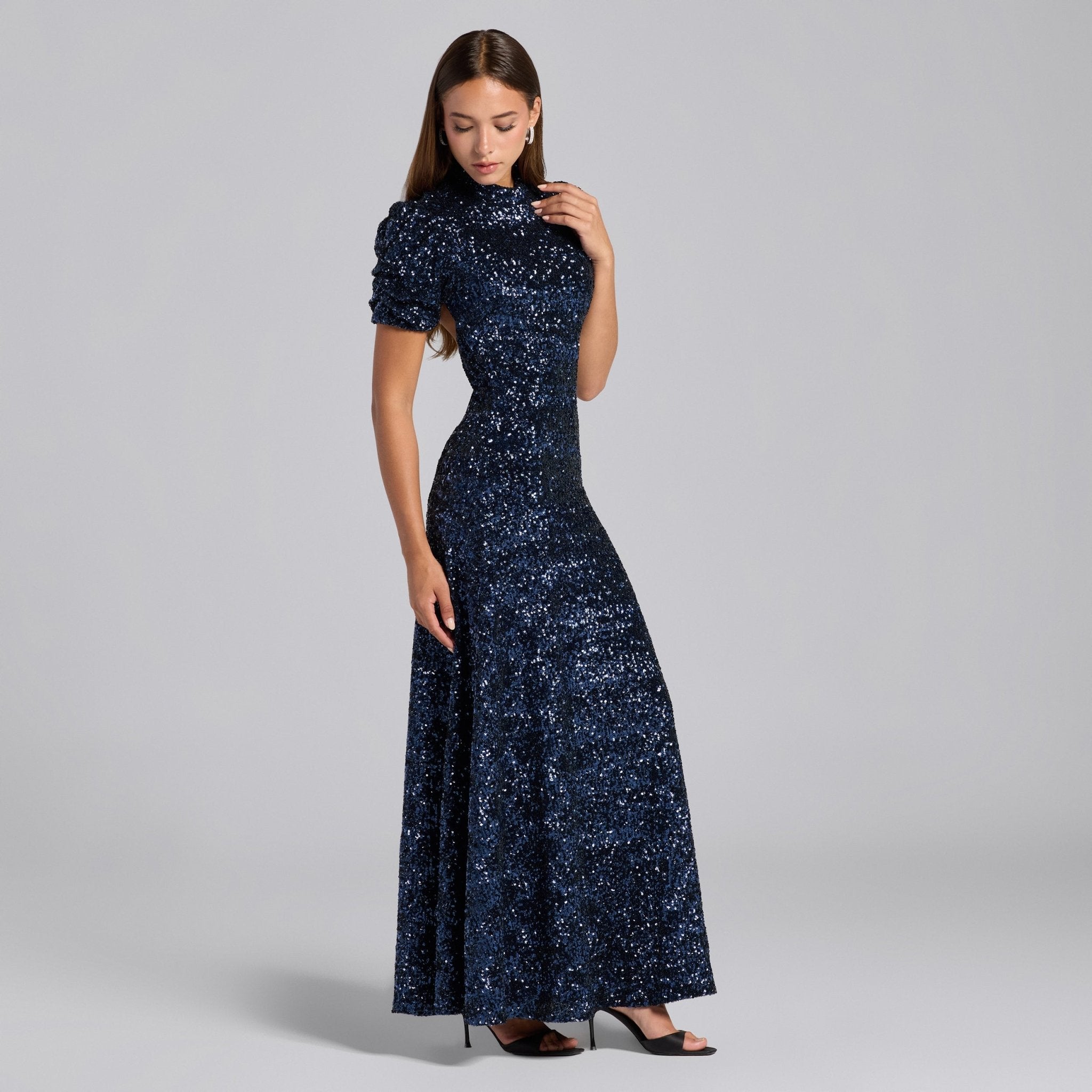 Navy Sequin Puff Sleeve Maxi Dress - shopaleena