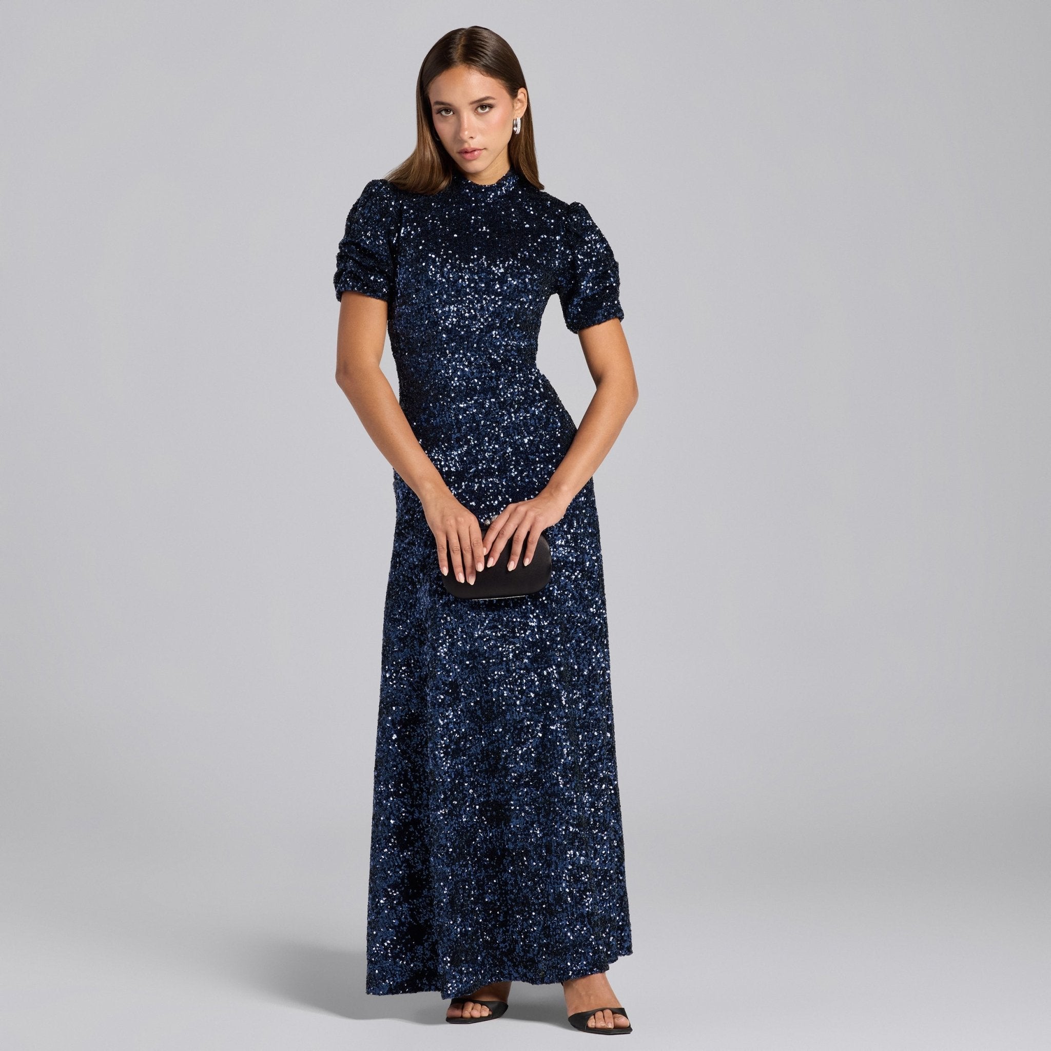 Navy Sequin Puff Sleeve Maxi Dress - shopaleena