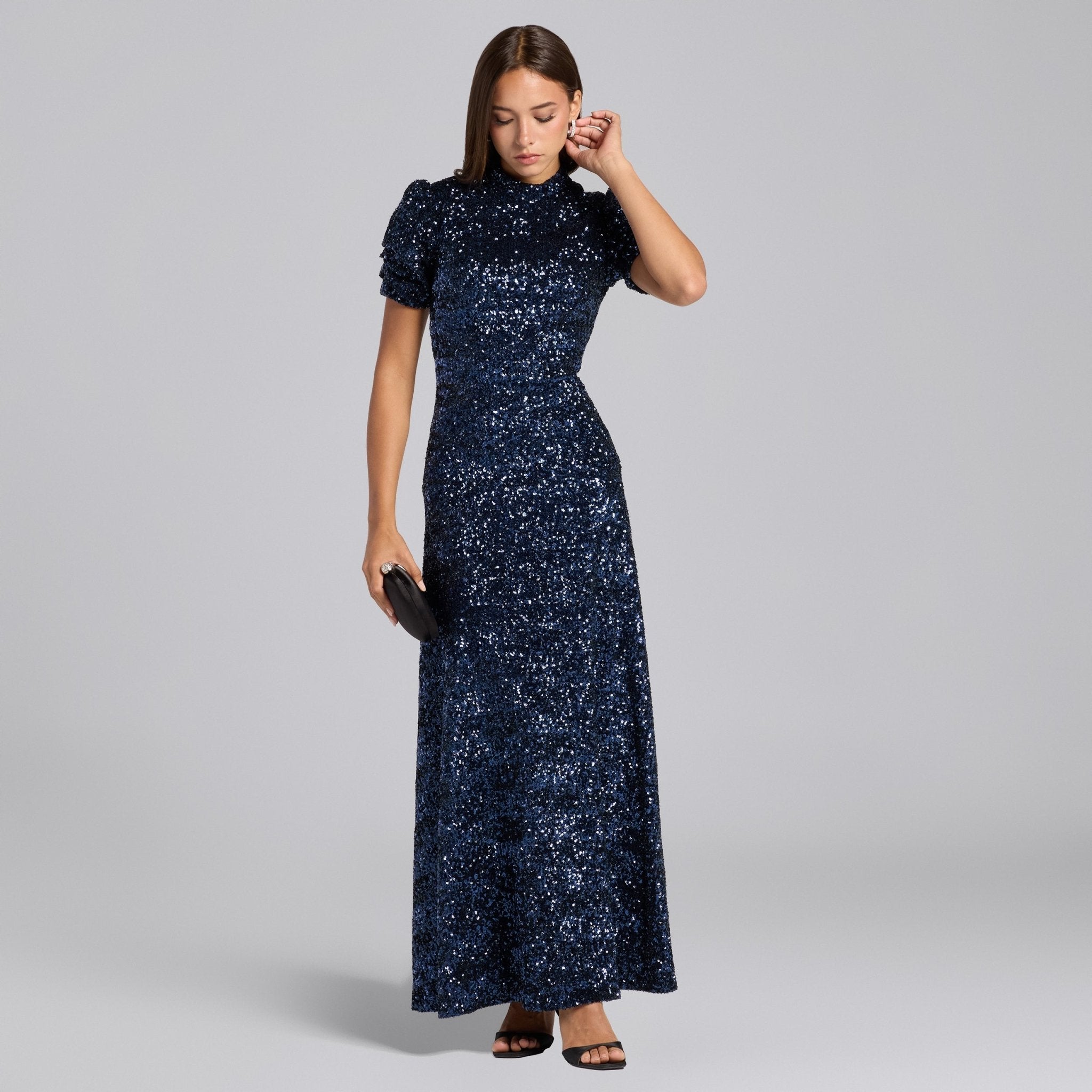 Navy Sequin Puff Sleeve Maxi Dress - shopaleena