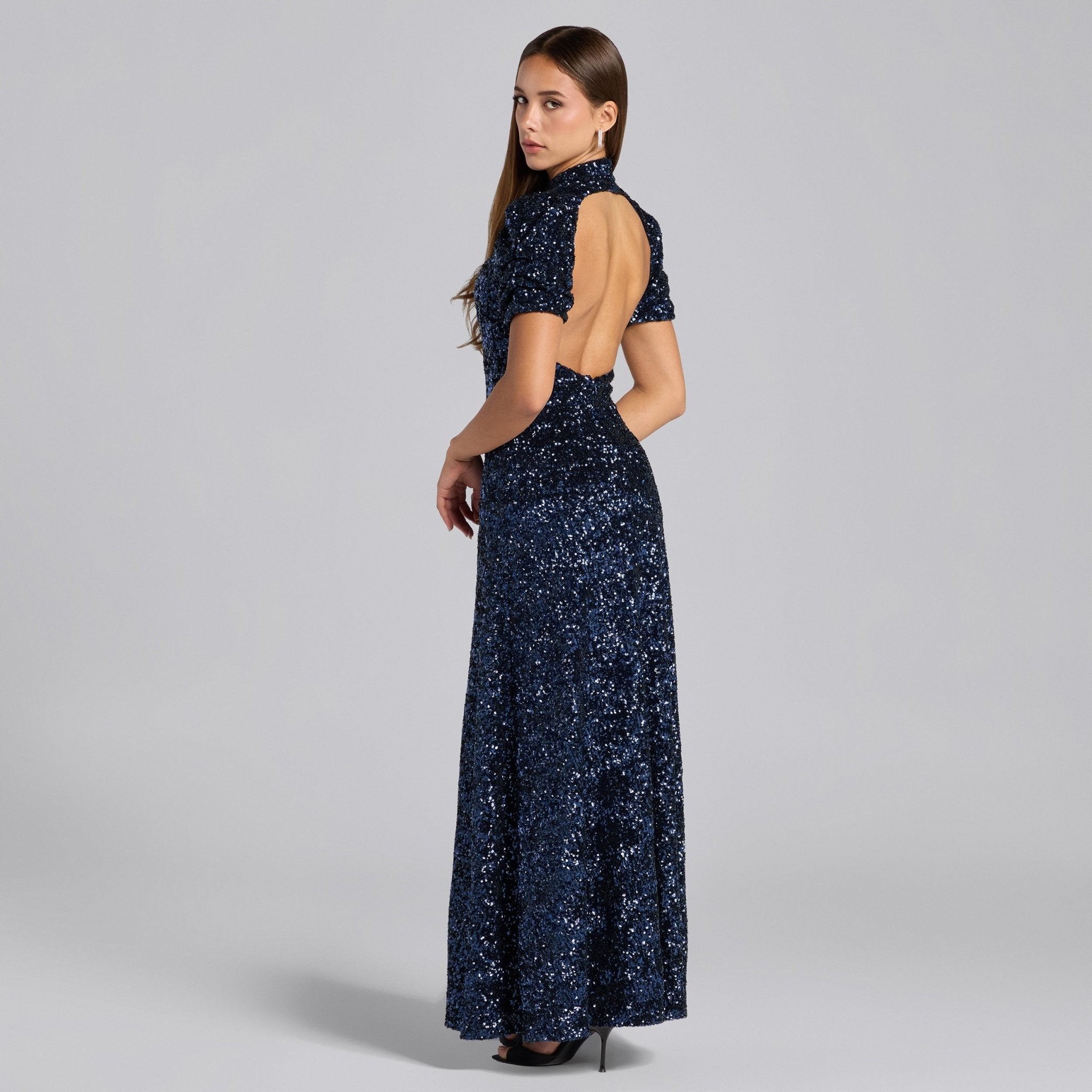 Navy Sequin Puff Sleeve Maxi Dress - shopaleena