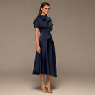 Navy Short Sleeve Asymmetric Satin Dress - shopaleena