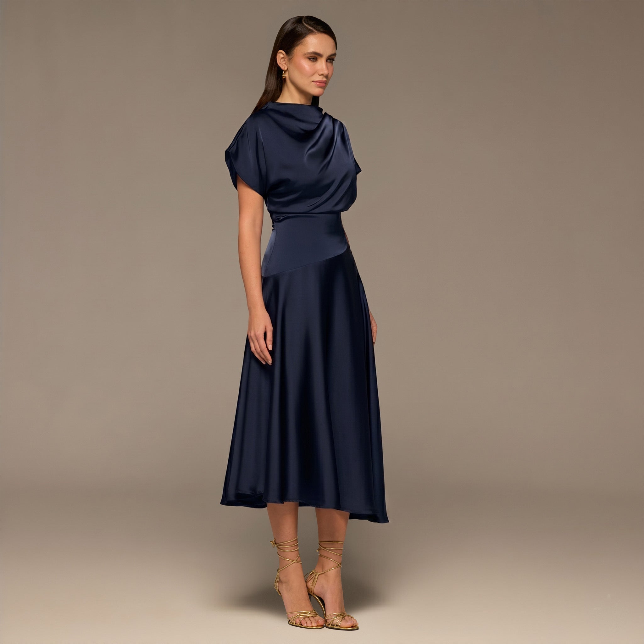 Navy Short Sleeve Asymmetric Satin Dress - shopaleena