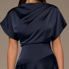 Navy Short Sleeve Asymmetric Satin Dress - shopaleena