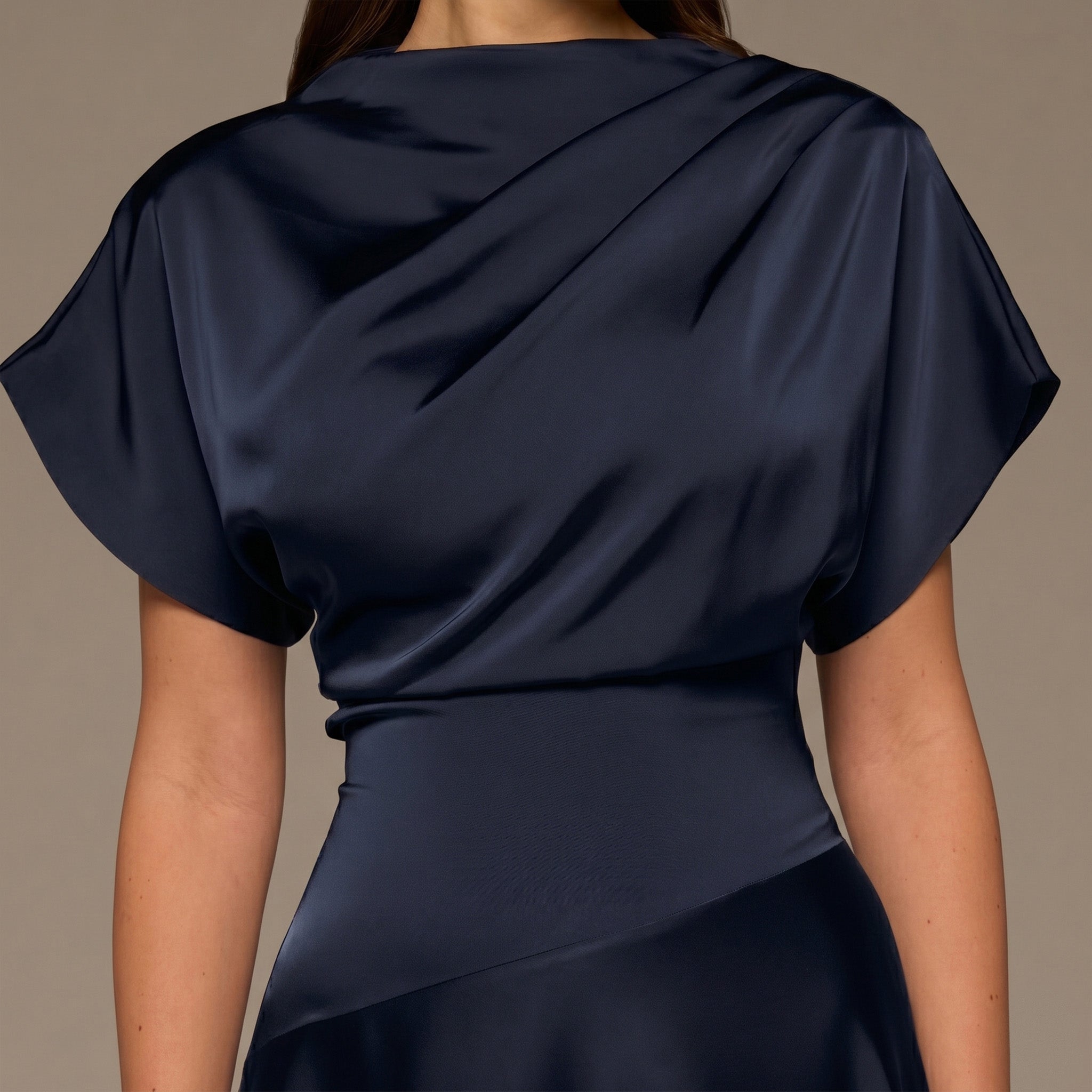 Navy Short Sleeve Asymmetric Satin Dress - shopaleena