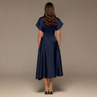 Navy Short Sleeve Asymmetric Satin Dress - shopaleena