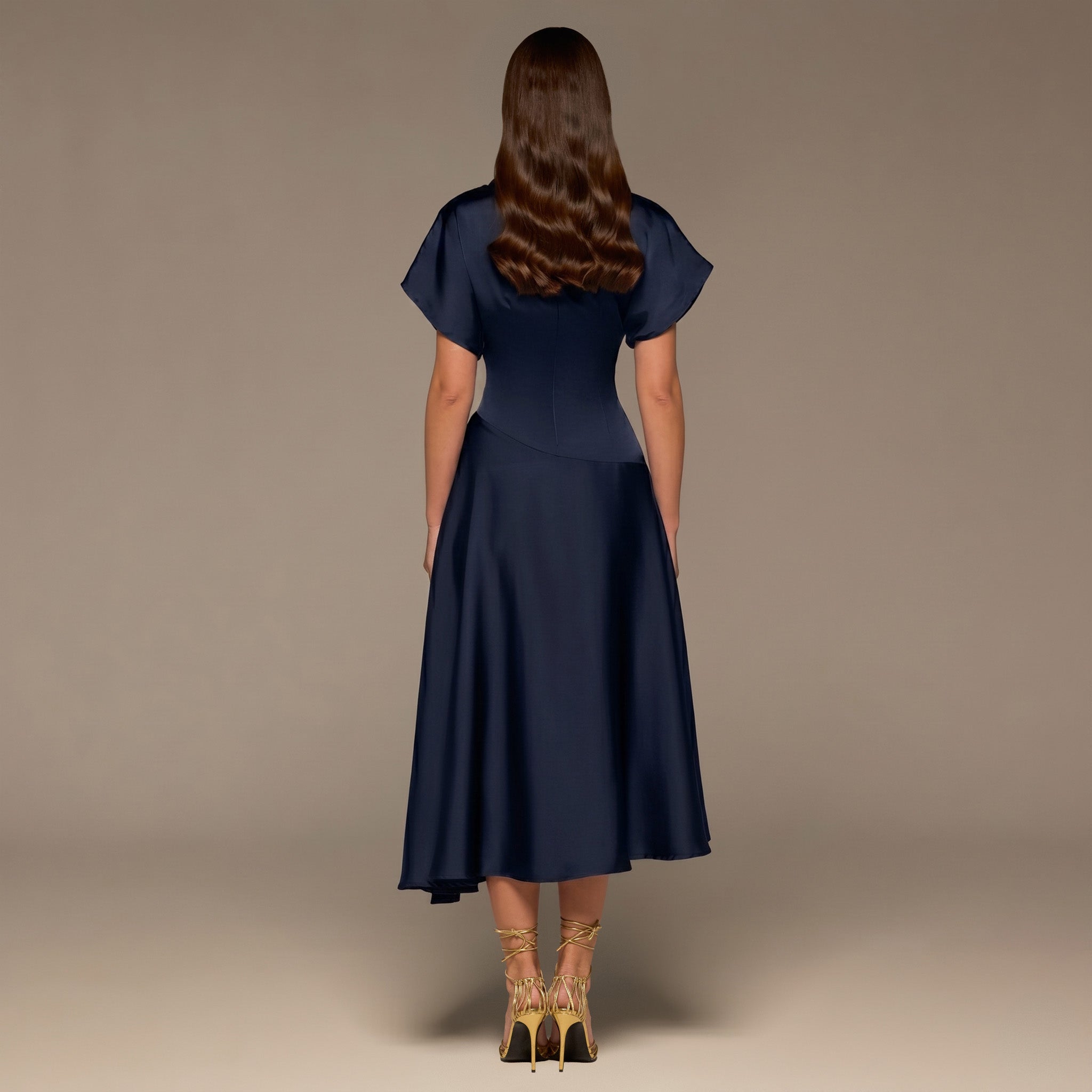 Navy Short Sleeve Asymmetric Satin Dress - shopaleena