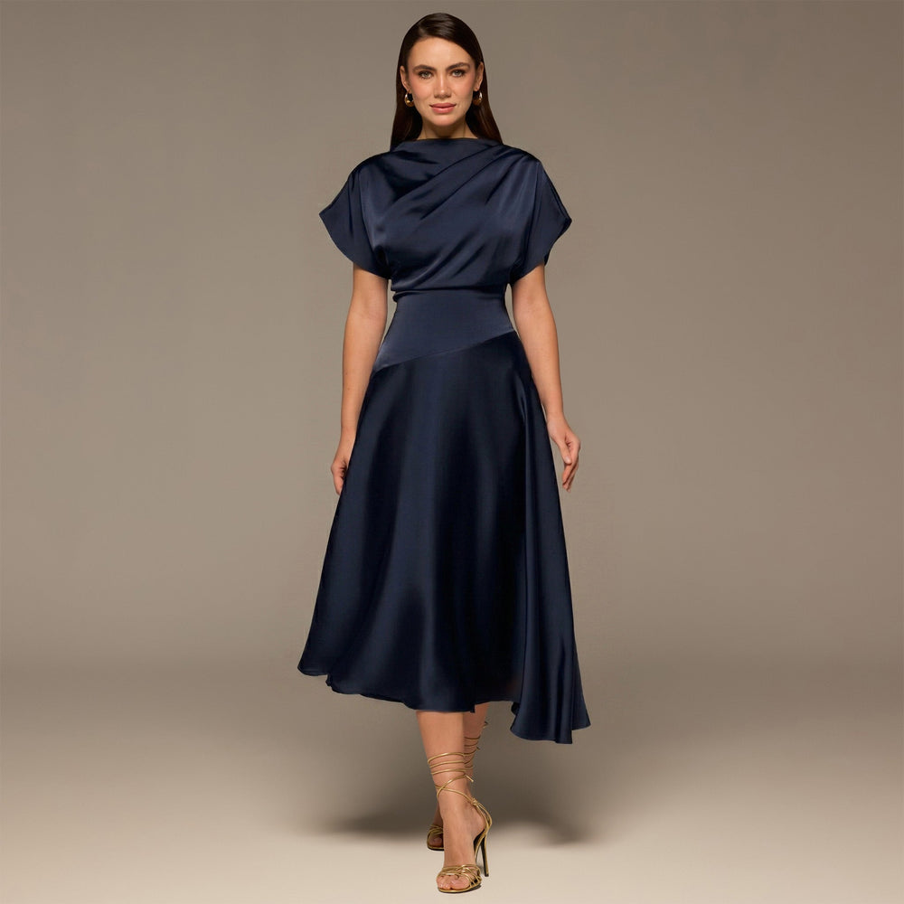 Navy Short Sleeve Asymmetric Satin Dress - shopaleena