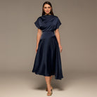 Navy Short Sleeve Asymmetric Satin Dress - shopaleena