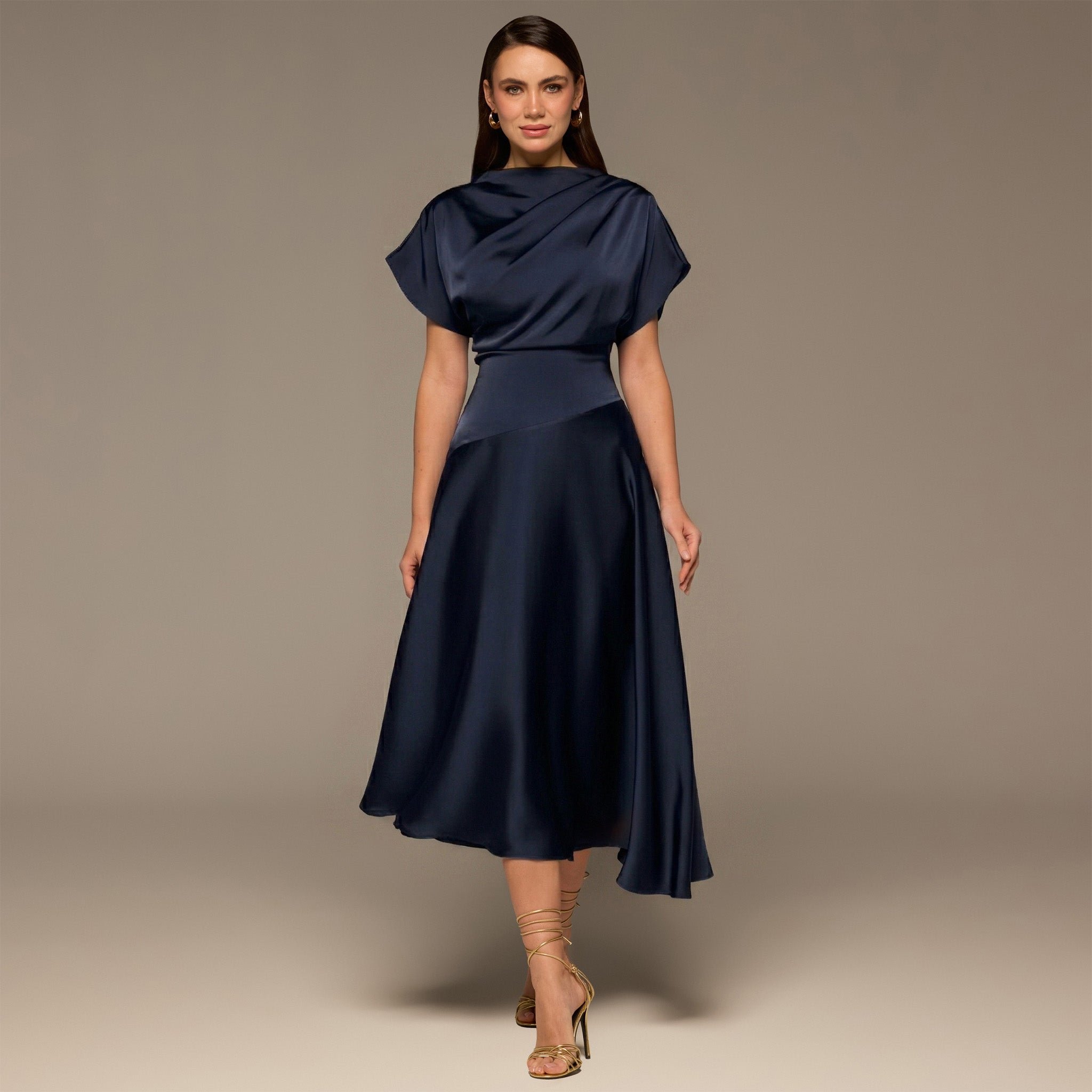 Navy Short Sleeve Asymmetric Satin Dress - shopaleena