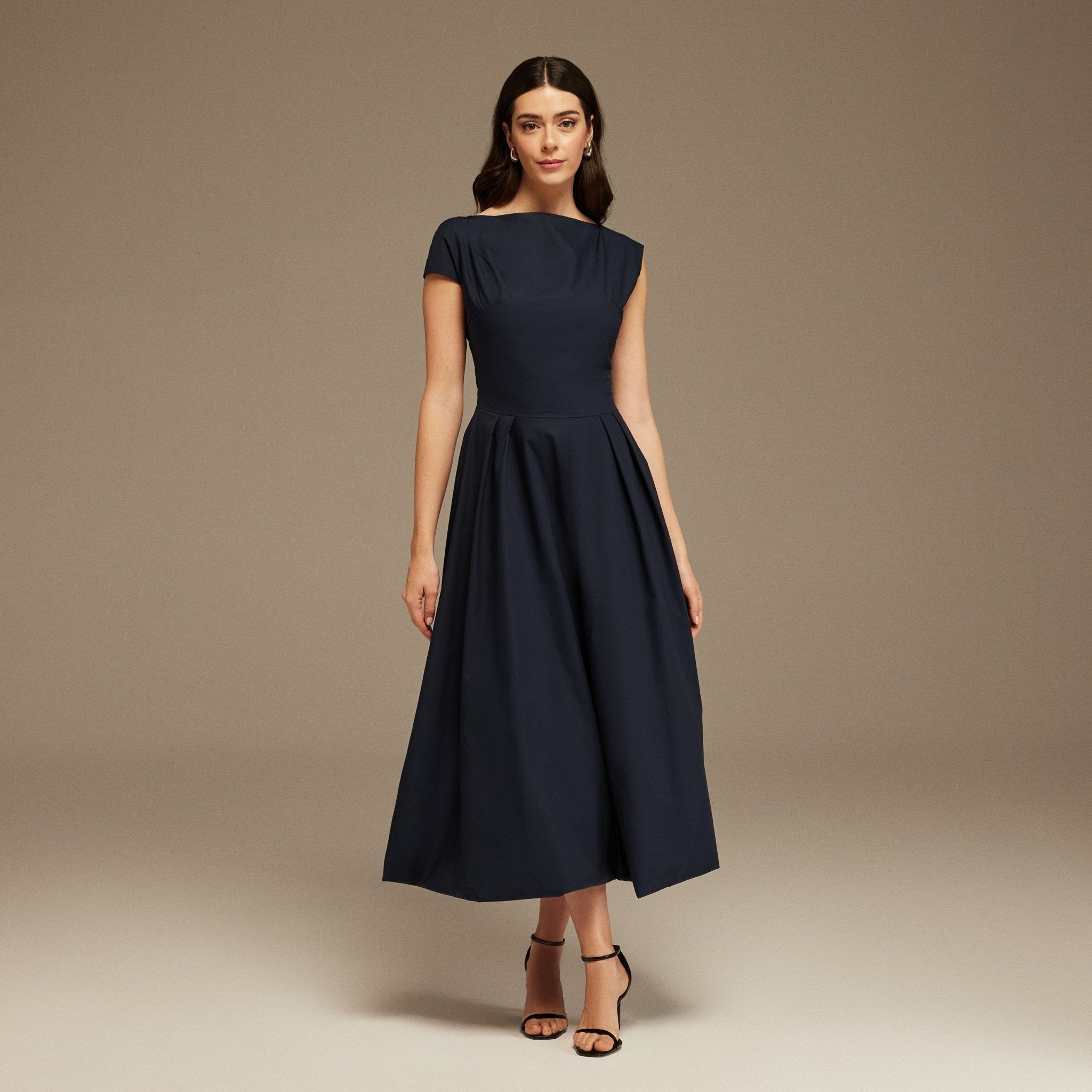 Navy Short Sleeve Balloon Midi Dress - shopaleena