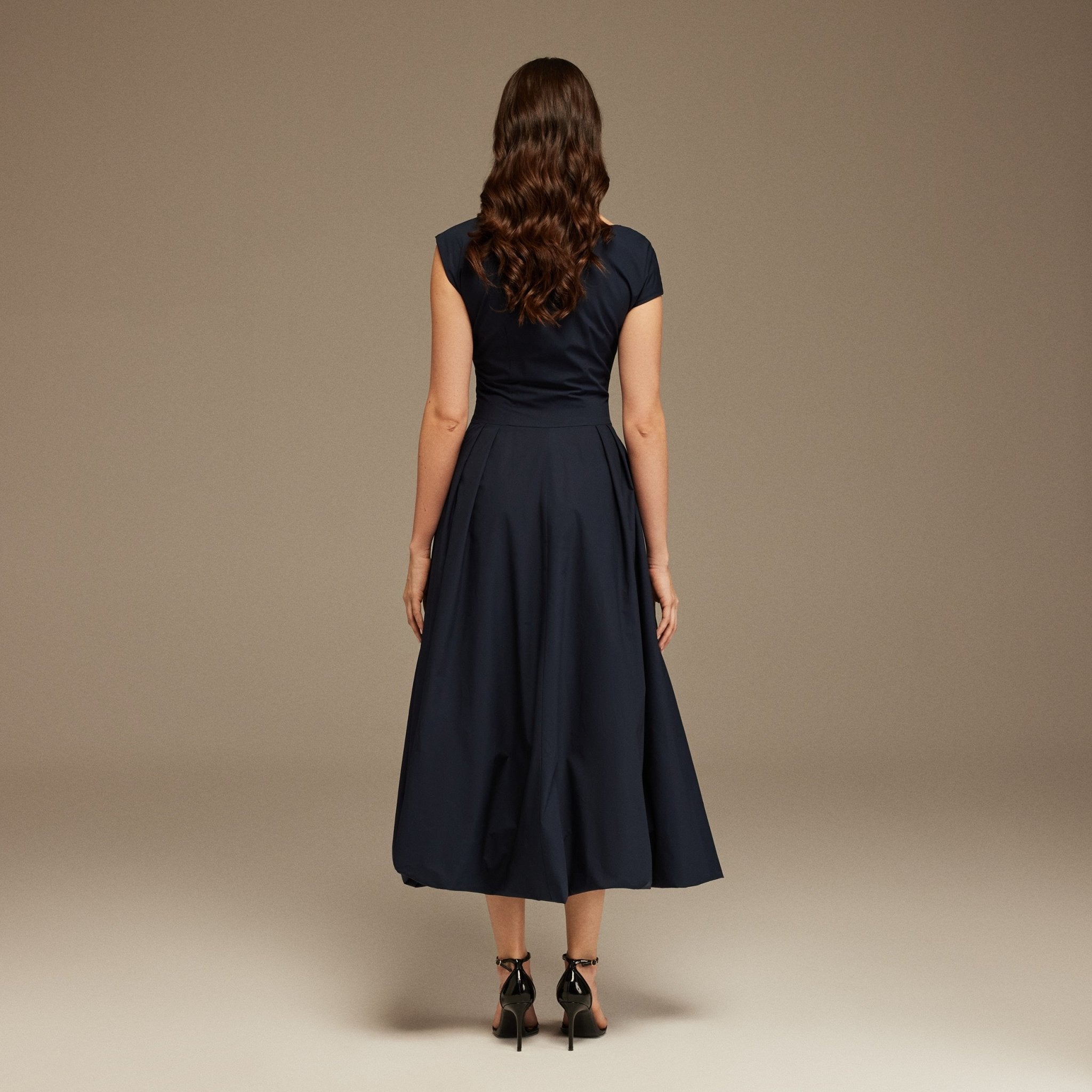 Navy Short Sleeve Balloon Midi Dress - shopaleena