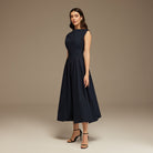 Navy Short Sleeve Balloon Midi Dress - shopaleena