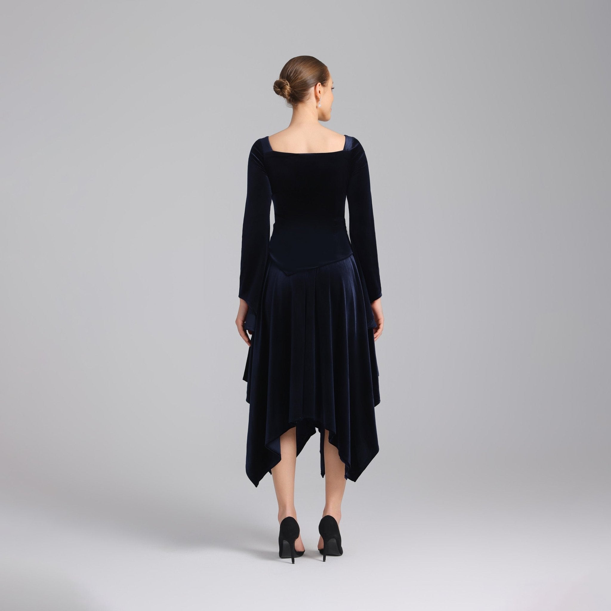 Navy Square Neck Long Sleeve Velvet Dress - shopaleena