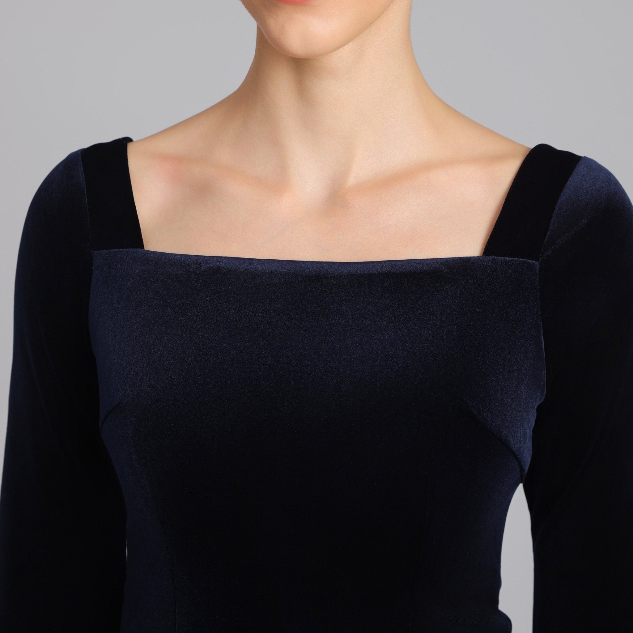 Navy Square Neck Long Sleeve Velvet Dress - shopaleena