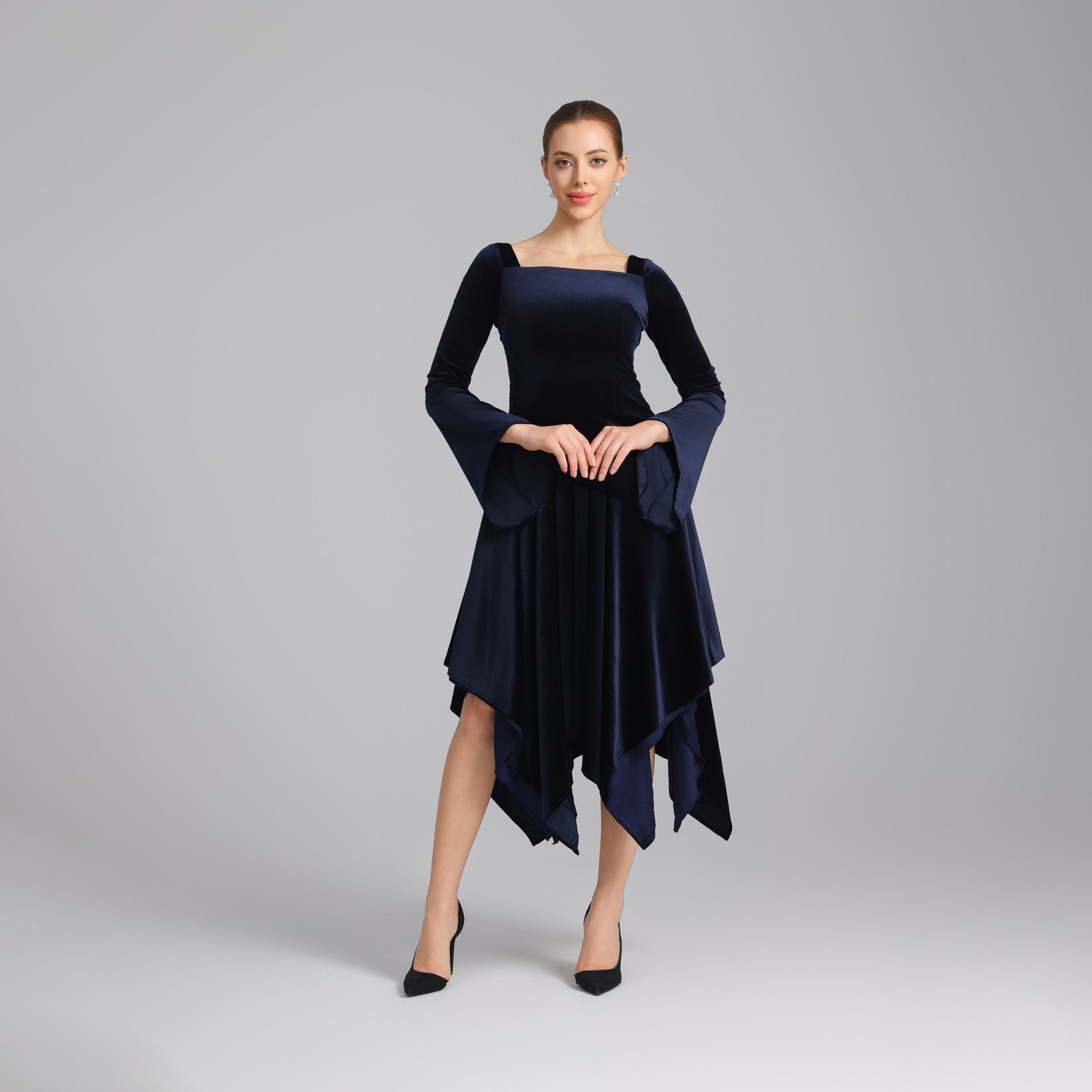 Navy Square Neck Long Sleeve Velvet Dress - shopaleena