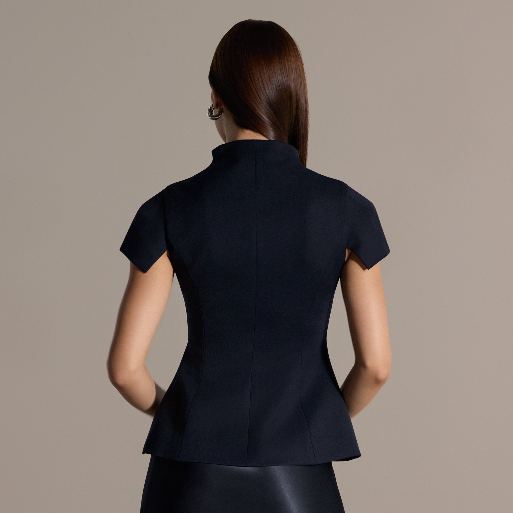 Navy Stand Collar Peplum Blouse - shopaleena