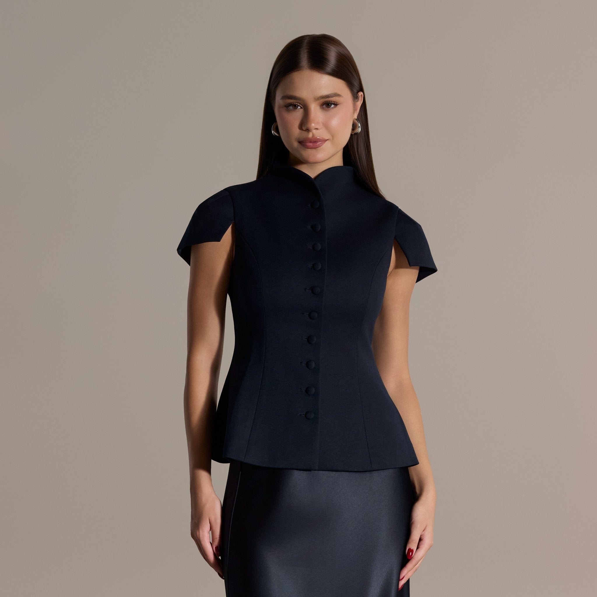 Navy Stand Collar Peplum Blouse - shopaleena