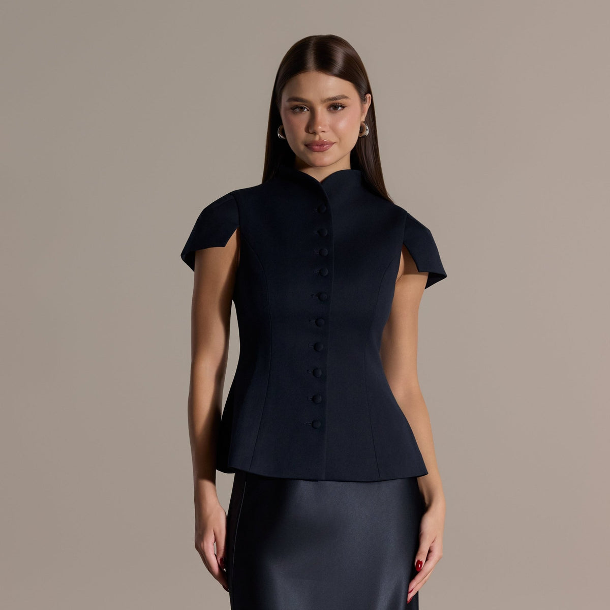 Navy Stand Collar Peplum Blouse - shopaleena