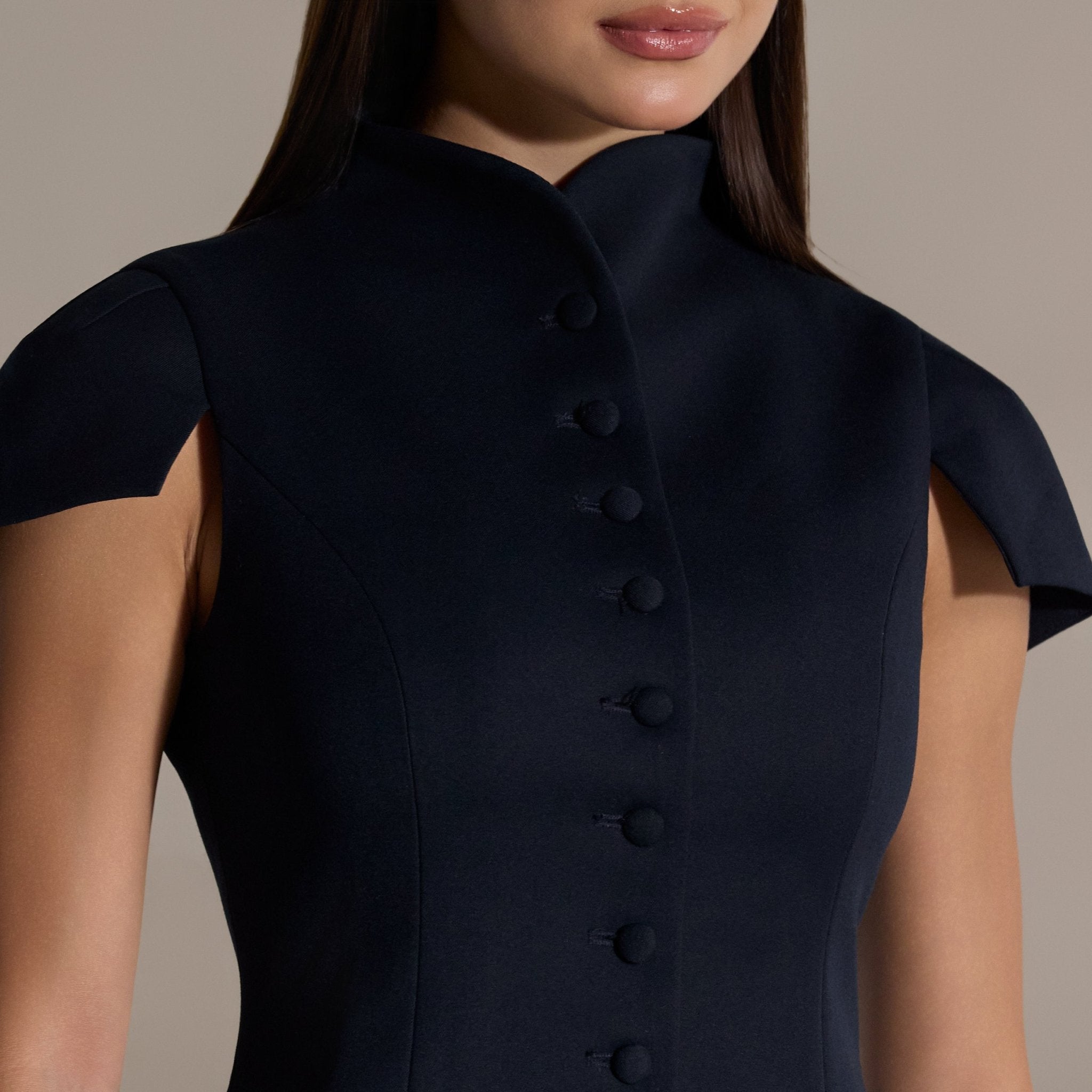 Navy Stand Collar Peplum Blouse - shopaleena