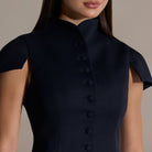 Navy Stand Collar Peplum Blouse - shopaleena
