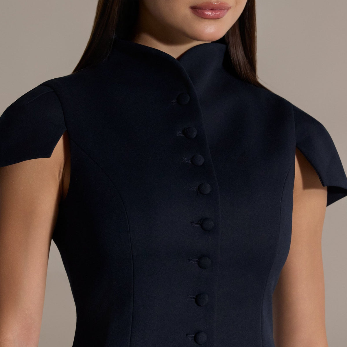 Navy Stand Collar Peplum Blouse - shopaleena