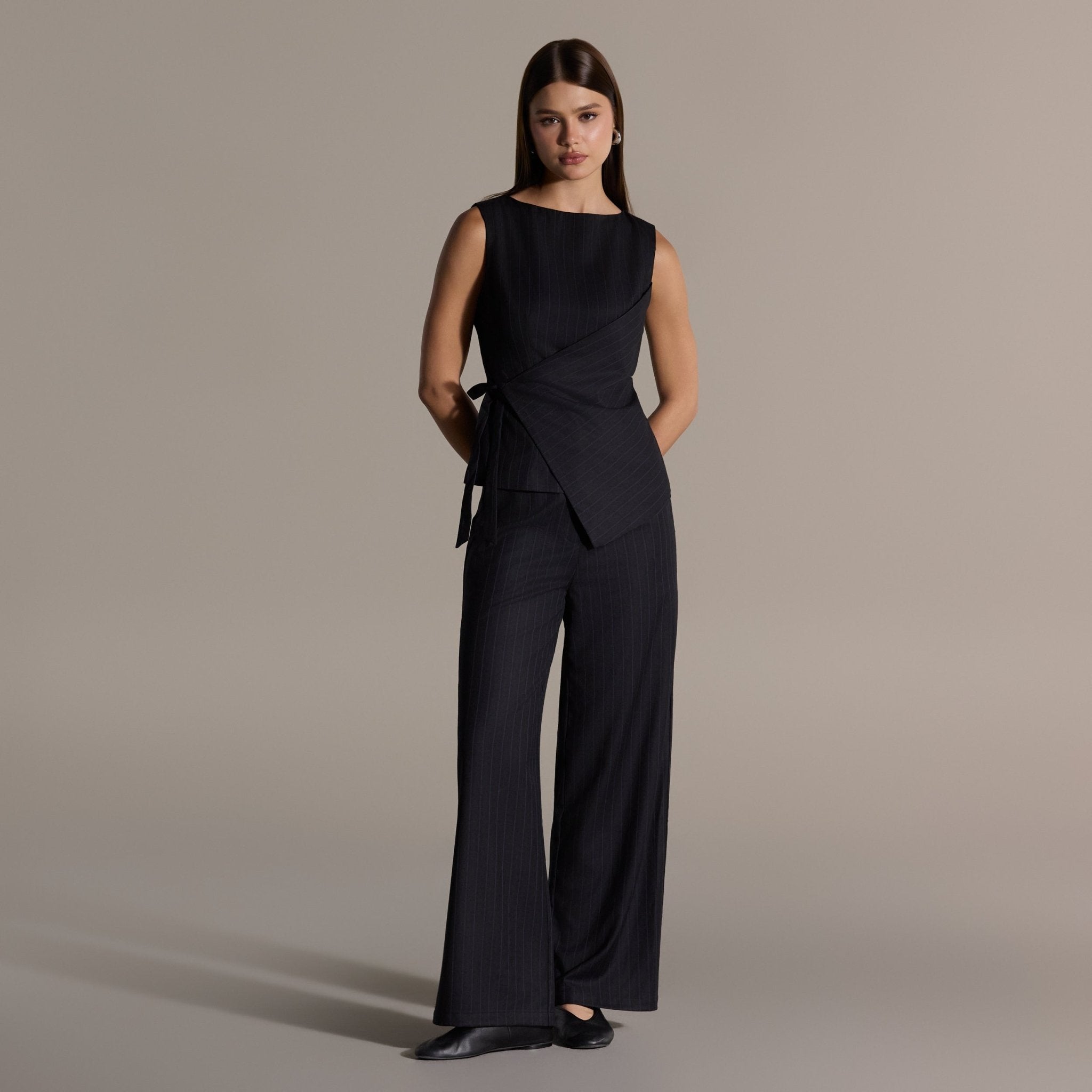 Navy Striped Cotton Wide Leg Pants - shopaleena