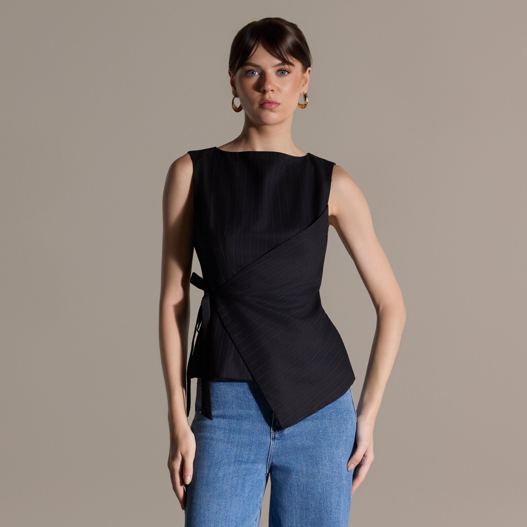 Navy Striped Side-Tie Rayon Blend Top - shopaleena