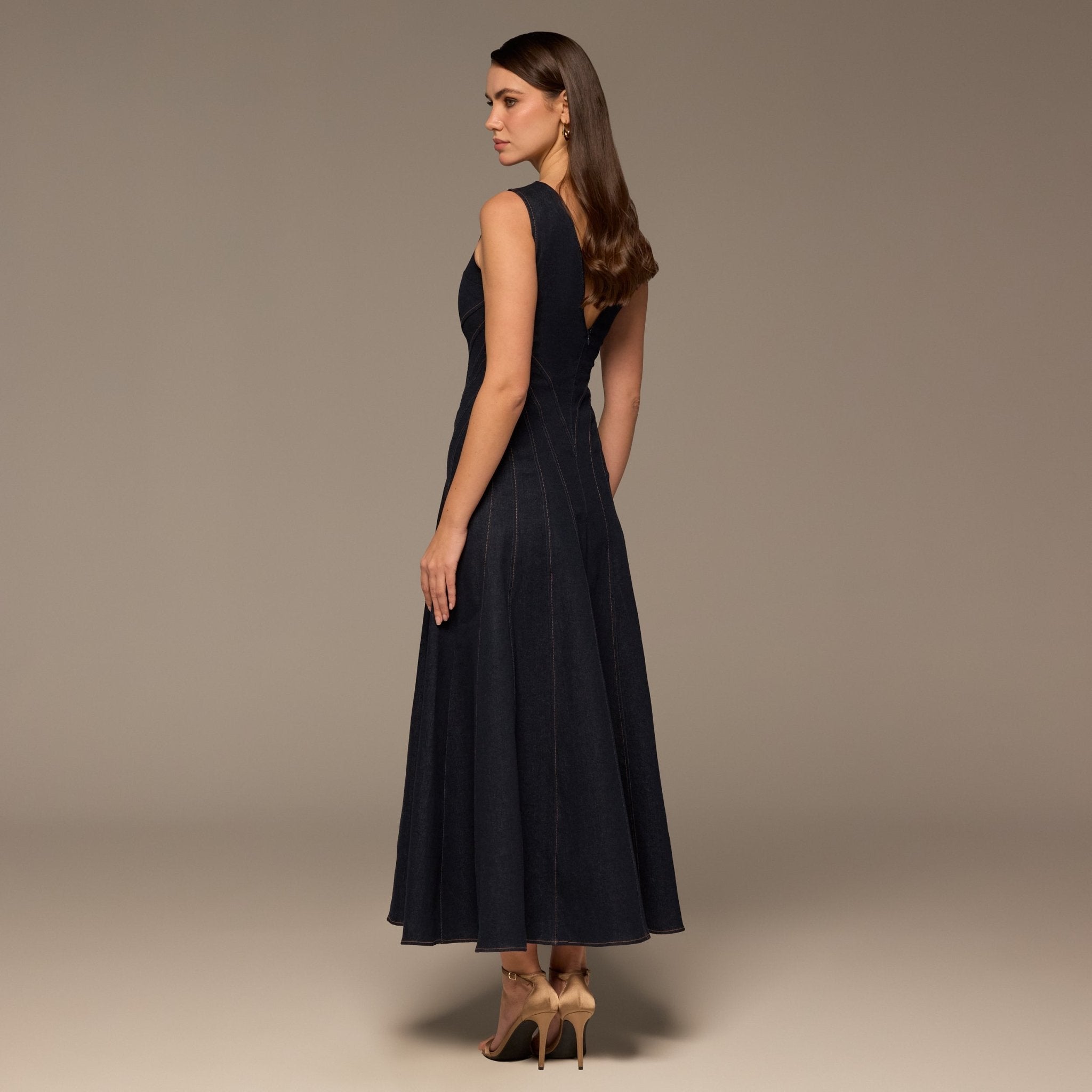 Navy V Open Back Sleeveless Midi Dress - shopaleena