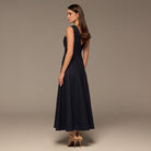 Navy V Open Back Sleeveless Midi Dress - shopaleena