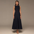 Navy V Open Back Sleeveless Midi Dress - shopaleena