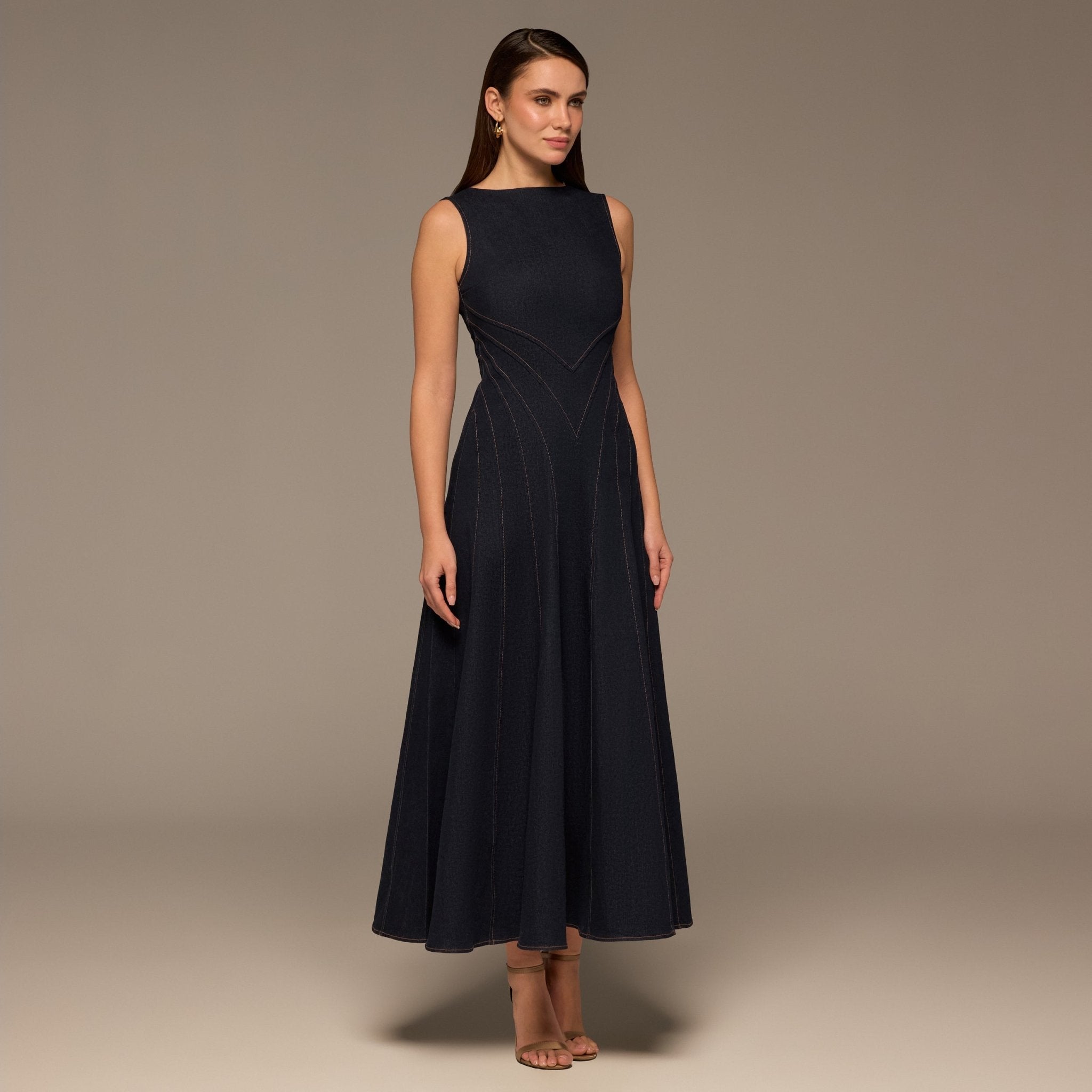 Navy V Open Back Sleeveless Midi Dress - shopaleena