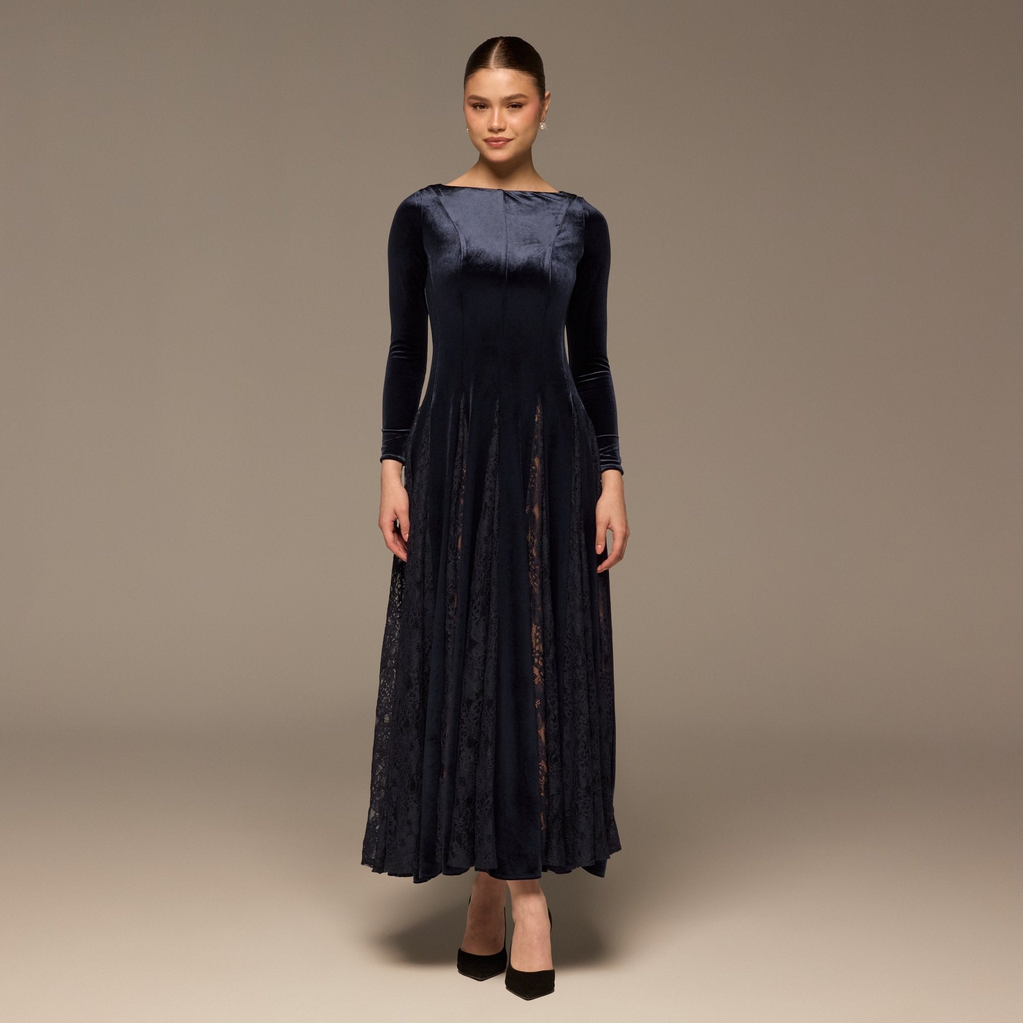 Navy Velvet Maxi Dress with Lace Godets - shopaleena