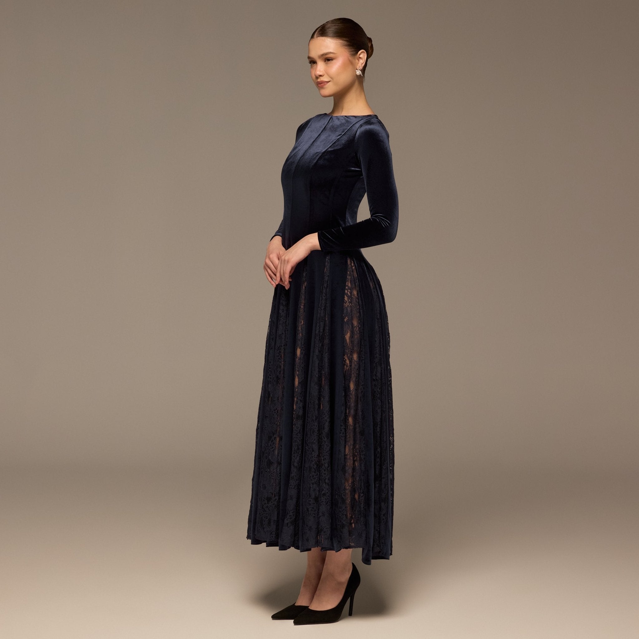 Navy Velvet Maxi Dress with Lace Godets - shopaleena