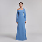 Off - Shoulder Blue Crepe Evening Gown - shopaleena